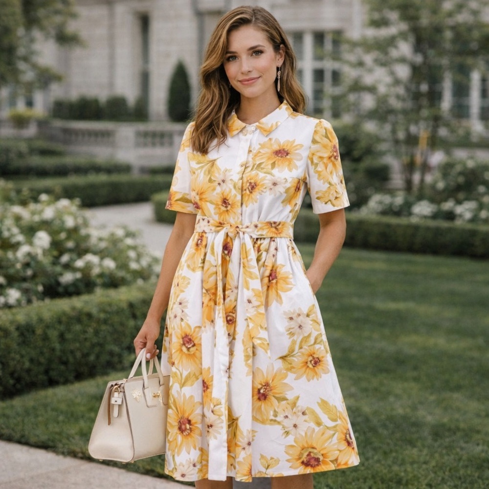 J JASON WU Button Down Floral Sunflower Belt A-line‎ Midi Dress Size 3X